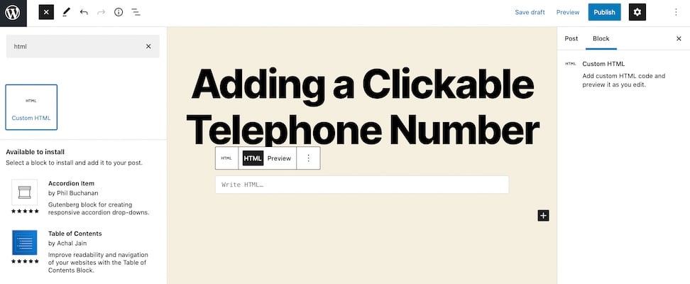 How to make a phone number clickable in WordPress